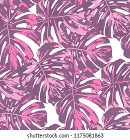 Tropical Leaves. Seamless Texture with Bright Hand Drawn Leaves of Monstera. Summer Rapport for Print, Textile, Swimwear. Vector Seamless Background with Tropic Plants. Watercolor Effect.