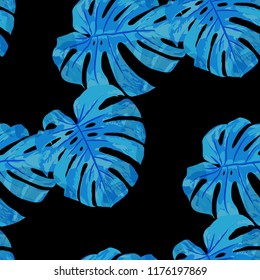 Tropical Leaves. Seamless Texture with Bright Hand Drawn Leaves of Exotic Tree. Trendy Rapport for Print, Textile, Fabric. Vector Seamless Background with Tropic Plants. Watercolor Effect.
