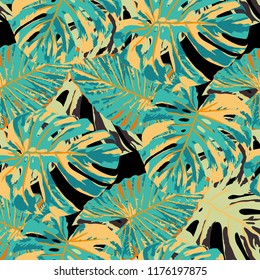 Tropical Leaves. Seamless Texture with Bright Hand Drawn Leaves of Exotic Tree. Bright Rapport for Print, Textile, Swimwear. Vector Seamless Background with Tropic Plants. Watercolor Effect.