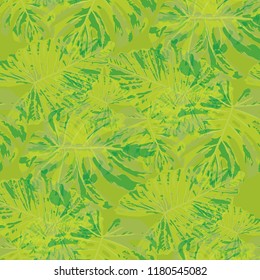 Tropical Leaves. Seamless Texture with Bright Hand Drawn Leaves of Monstera. Bright Rapport for Paper, Cloth, Wallpaper. Vector Seamless Background with Tropic Plants. Watercolor Effect.