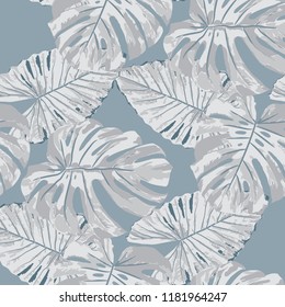 Tropical Leaves. Seamless Texture with Bright Hand Drawn Leaves of Monstera. Summer Rapport for Paper, Textile, Wallpaper. Vector Seamless Background with Tropic Plants. Watercolor Effect.