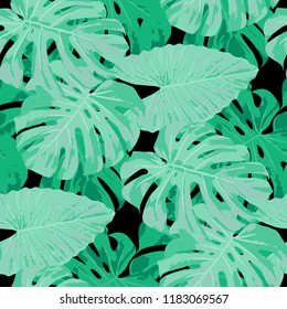 Tropical Leaves. Seamless Texture with Bright Hand Drawn Leaves of Exotic Tree. Trendy Rapport for Print, Textile, Swimwear. Vector Seamless Background with Tropic Plants. Watercolor Effect.