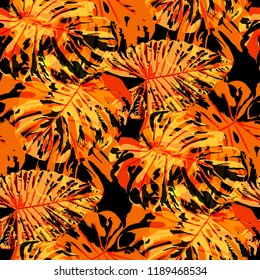 Tropical Leaves. Seamless Texture with Bright Hand Drawn Leaves of Monstera. Spring Rapport for Calico, Textile, Swimwear. Vector Seamless Background with Tropic Plants. Watercolor Effect.