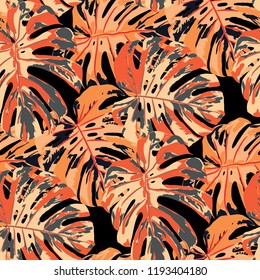 Tropical Leaves. Seamless Texture with Bright Hand Drawn Leaves of Exotic Tree. Summer Rapport for Calico, Textile, Wallpaper. Vector Seamless Background with Tropic Plants. Watercolor Effect.