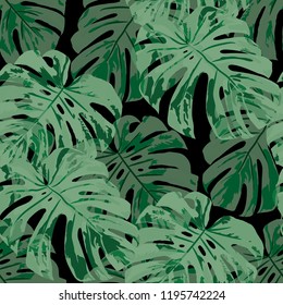 Tropical Leaves. Seamless Texture with Bright Hand Drawn Leaves of Monstera. Summer Rapport for Print, Paper, Swimwear. Vector Seamless Background with Tropic Plants. Watercolor Effect.