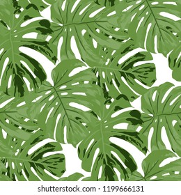 Tropical Leaves. Seamless Texture with Bright Hand Drawn Leaves of Monstera. Summer Rapport for Print, Textile, Fabric. Vector Seamless Background with Tropic Plants. Watercolor Effect.
