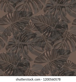 Tropical Leaves. Seamless Texture with Bright Hand Drawn Leaves of Exotic Tree. Summer Rapport for Paper, Cloth, Fabric. Vector Seamless Background with Tropic Plants. Watercolor Effect.