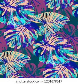 Tropical Leaves. Seamless Texture with Bright Hand Drawn Leaves of Exotic Tree. Bright Rapport for Print, Cloth, Fabric. Vector Seamless Background with Tropic Plants. Watercolor Effect.