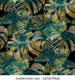 Tropical Leaves. Seamless Texture with Bright Hand Drawn Leaves of Exotic Tree. Spring Rapport for Paper, Cloth, Fabric. Vector Seamless Background with Tropic Plants. Watercolor Effect.