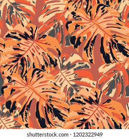 Tropical Leaves. Seamless Texture with Bright Hand Drawn Leaves of Monstera. Spring Rapport for Print, Textile, Fabric. Vector Seamless Background with Tropic Plants. Watercolor Effect.
