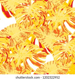 Tropical Leaves. Seamless Texture with Bright Hand Drawn Leaves of Exotic Tree. Bright Rapport for Print, Textile, Fabric. Vector Seamless Background with Tropic Plants. Watercolor Effect.