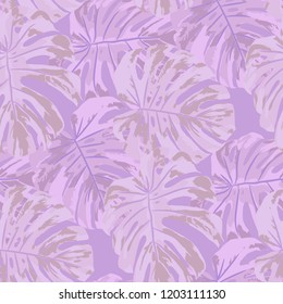 Tropical Leaves. Seamless Texture with Bright Hand Drawn Leaves of Monstera. Spring Rapport for Calico, Textile, Wallpaper. Vector Seamless Background with Tropic Plants. Watercolor Effect.