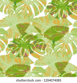 Tropical Leaves. Seamless Texture with Bright Hand Drawn Leaves of Exotic Tree. Bright Rapport for Print, Paper, Swimwear. Vector Seamless Background with Tropic Plants. Watercolor Effect.
