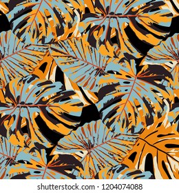 Tropical Leaves. Seamless Texture with Bright Hand Drawn Leaves of Monstera. Spring Rapport for Print, Textile, Swimwear. Vector Seamless Background with Tropic Plants. Watercolor Effect.