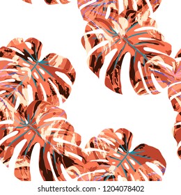 Tropical Leaves. Seamless Texture with Bright Hand Drawn Leaves of Monstera. Spring Rapport for Print, Cloth, Fabric. Vector Seamless Background with Tropic Plants. Watercolor Effect.
