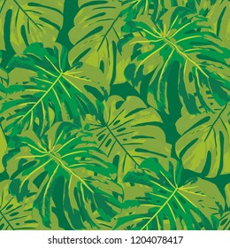 Tropical Leaves. Seamless Texture with Bright Hand Drawn Leaves of Exotic Tree. Bright Rapport for Print, Cloth, Fabric. Vector Seamless Background with Tropic Plants. Watercolor Effect.