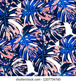Tropical Leaves. Seamless Texture with Bright Hand Drawn Leaves of Monstera. Bright Rapport for Paper, Cloth, Wallpaper. Vector Seamless Background with Tropic Plants. Watercolor Effect.