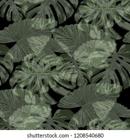 Tropical Leaves. Seamless Texture with Bright Hand Drawn Leaves of Monstera. Bright Rapport for Print, Cloth, Fabric. Vector Seamless Background with Tropic Plants. Watercolor Effect.