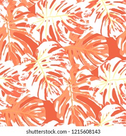 Tropical Leaves. Seamless Texture with Bright Hand Drawn Leaves of Exotic Tree. Trendy Rapport for Calico, Textile, Swimwear. Vector Seamless Background with Tropic Plants. Watercolor Effect.
