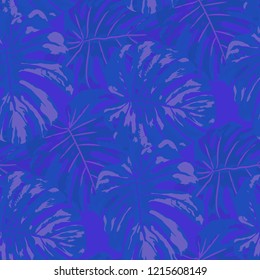Tropical Leaves. Seamless Texture with Bright Hand Drawn Leaves of Monstera. Trendy Rapport for Print, Textile, Fabric. Vector Seamless Background with Tropic Plants. Watercolor Effect.