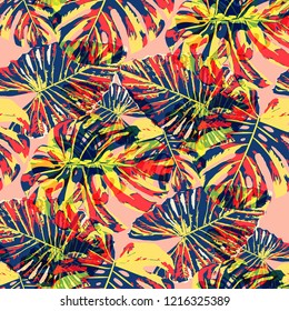 Tropical Leaves. Seamless Texture with Bright Hand Drawn Leaves of Exotic Tree. Trendy Rapport for Paper, Textile, Wallpaper. Vector Seamless Background with Tropic Plants. Watercolor Effect.