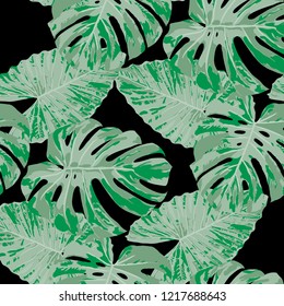 Tropical Leaves. Seamless Texture with Bright Hand Drawn Leaves of Exotic Tree. Summer Rapport for Paper, Cloth, Wallpaper. Vector Seamless Background with Tropic Plants. Watercolor Effect.