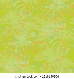 Tropical Leaves. Seamless Texture with Bright Hand Drawn Leaves of Exotic Tree. Trendy Rapport for Print, Textile, Fabric. Vector Seamless Background with Tropic Plants. Watercolor Effect.