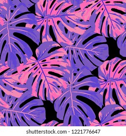Tropical Leaves. Seamless Texture with Bright Hand Drawn Leaves of Monstera. Trendy Rapport for Print, Textile, Swimwear. Vector Seamless Background with Tropic Plants. Watercolor Effect.