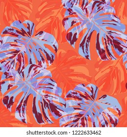 Tropical Leaves. Seamless Texture with Bright Hand Drawn Leaves of Exotic Tree. Summer Rapport for Paper, Cloth, Wallpaper. Vector Seamless Background with Tropic Plants. Watercolor Effect.