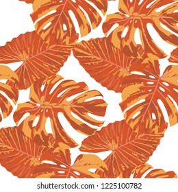 Tropical Leaves. Seamless Texture with Bright Hand Drawn Leaves of Monstera. Spring Rapport for Print, Paper, Swimwear. Vector Seamless Background with Tropic Plants. Watercolor Effect.