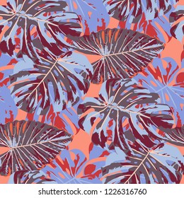 Tropical Leaves. Seamless Texture with Bright Hand Drawn Leaves of Monstera. Summer Rapport for Paper, Cloth, Wallpaper. Vector Seamless Background with Tropic Plants. Watercolor Effect.