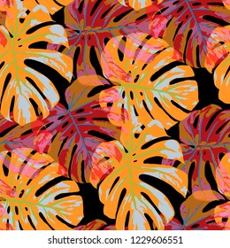 Tropical Leaves. Seamless Texture with Bright Hand Drawn Leaves of Exotic Tree. Spring Rapport for Paper, Textile, Wallpaper. Vector Seamless Background with Tropic Plants. Watercolor Effect.