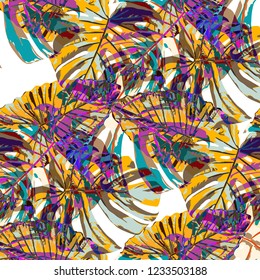 Tropical Leaves. Seamless Texture with Bright Hand Drawn Leaves of Exotic Tree. Spring Rapport for Print, Textile, Fabric. Vector Seamless Background with Tropic Plants. Watercolor Effect.