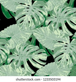 Tropical Leaves. Seamless Texture with Bright Hand Drawn Leaves of Monstera. Bright Rapport for Paper, Cloth, Wallpaper. Vector Seamless Background with Tropic Plants. Watercolor Effect.