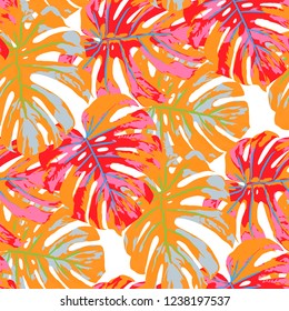 Tropical Leaves. Seamless Texture with Bright Hand Drawn Leaves of Monstera. Spring Rapport for Print, Textile, Fabric. Vector Seamless Background with Tropic Plants. Watercolor Effect.