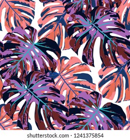 Tropical Leaves. Seamless Texture with Bright Hand Drawn Leaves of Monstera. Trendy Rapport for Paper, Cloth, Fabric. Vector Seamless Background with Tropic Plants. Watercolor Effect.