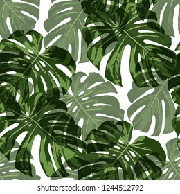 Tropical Leaves. Seamless Texture with Bright Hand Drawn Leaves of Monstera. Spring Rapport for Paper, Textile, Wallpaper. Vector Seamless Background with Tropic Plants. Watercolor Effect.