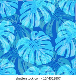 Tropical Leaves. Seamless Texture with Bright Hand Drawn Leaves of Exotic Tree. Spring Rapport for Paper, Cloth, Fabric. Vector Seamless Background with Tropic Plants. Watercolor Effect.