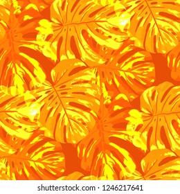 Tropical Leaves. Seamless Texture with Bright Hand Drawn Leaves of Exotic Tree. Summer Rapport for Print, Textile, Fabric. Vector Seamless Background with Tropic Plants. Watercolor Effect.