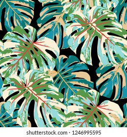 Tropical Leaves. Seamless Texture with Bright Hand Drawn Leaves of Exotic Tree. Summer Rapport for Paper, Cloth, Fabric. Vector Seamless Background with Tropic Plants. Watercolor Effect.