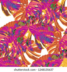 Tropical Leaves. Seamless Texture with Bright Hand Drawn Leaves of Monstera. Summer Rapport for Print, Cloth, Fabric. Vector Seamless Background with Tropic Plants. Watercolor Effect.