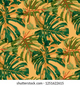 Tropical Leaves. Seamless Texture with Bright Hand Drawn Leaves of Exotic Tree. Trendy Rapport for Print, Textile, Swimwear. Vector Seamless Background with Tropic Plants. Watercolor Effect.