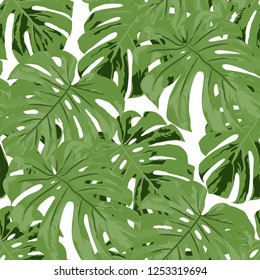 Tropical Leaves. Seamless Texture with Bright Hand Drawn Leaves of Monstera. Trendy Rapport for Print, Textile, Swimwear. Vector Seamless Background with Tropic Plants. Watercolor Effect.