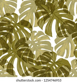 Tropical Leaves. Seamless Texture with Bright Hand Drawn Leaves of Monstera. Summer Rapport for Paper, Cloth, Wallpaper. Vector Seamless Background with Tropic Plants. Watercolor Effect.