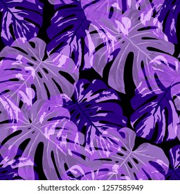 Tropical Leaves. Seamless Texture with Bright Hand Drawn Leaves of Exotic Tree. Trendy Rapport for Print, Textile, Swimwear. Vector Seamless Background with Tropic Plants. Watercolor Effect.