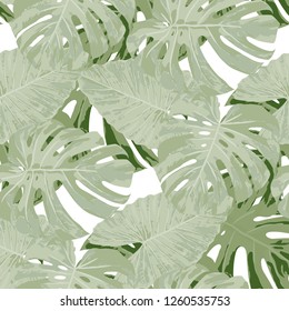 Tropical Leaves. Seamless Texture with Bright Hand Drawn Leaves of Monstera. Trendy Rapport for Print, Textile, Swimwear. Vector Seamless Background with Tropic Plants. Watercolor Effect.