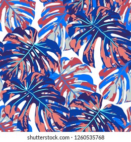 Tropical Leaves. Seamless Texture with Bright Hand Drawn Leaves of Exotic Tree. Summer Rapport for Calico, Textile, Swimwear. Vector Seamless Background with Tropic Plants. Watercolor Effect.