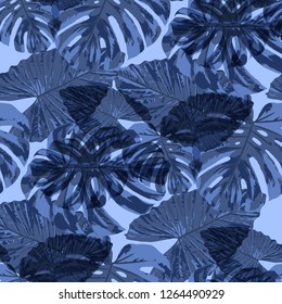 Tropical Leaves. Seamless Texture with Bright Hand Drawn Leaves of Exotic Tree. Spring Rapport for Paper, Textile, Wallpaper. Vector Seamless Background with Tropic Plants. Watercolor Effect.