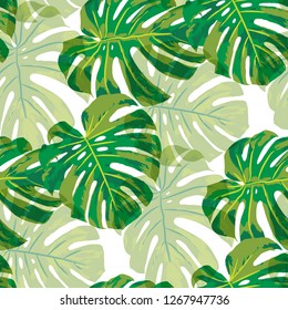 Tropical Leaves. Seamless Texture with Bright Hand Drawn Leaves of Monstera. Summer Rapport for Paper, Cloth, Fabric. Vector Seamless Background with Tropic Plants. Watercolor Effect.