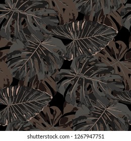 Tropical Leaves. Seamless Texture with Bright Hand Drawn Leaves of Exotic Tree. Bright Rapport for Print, Paper, Swimwear. Vector Seamless Background with Tropic Plants. Watercolor Effect.